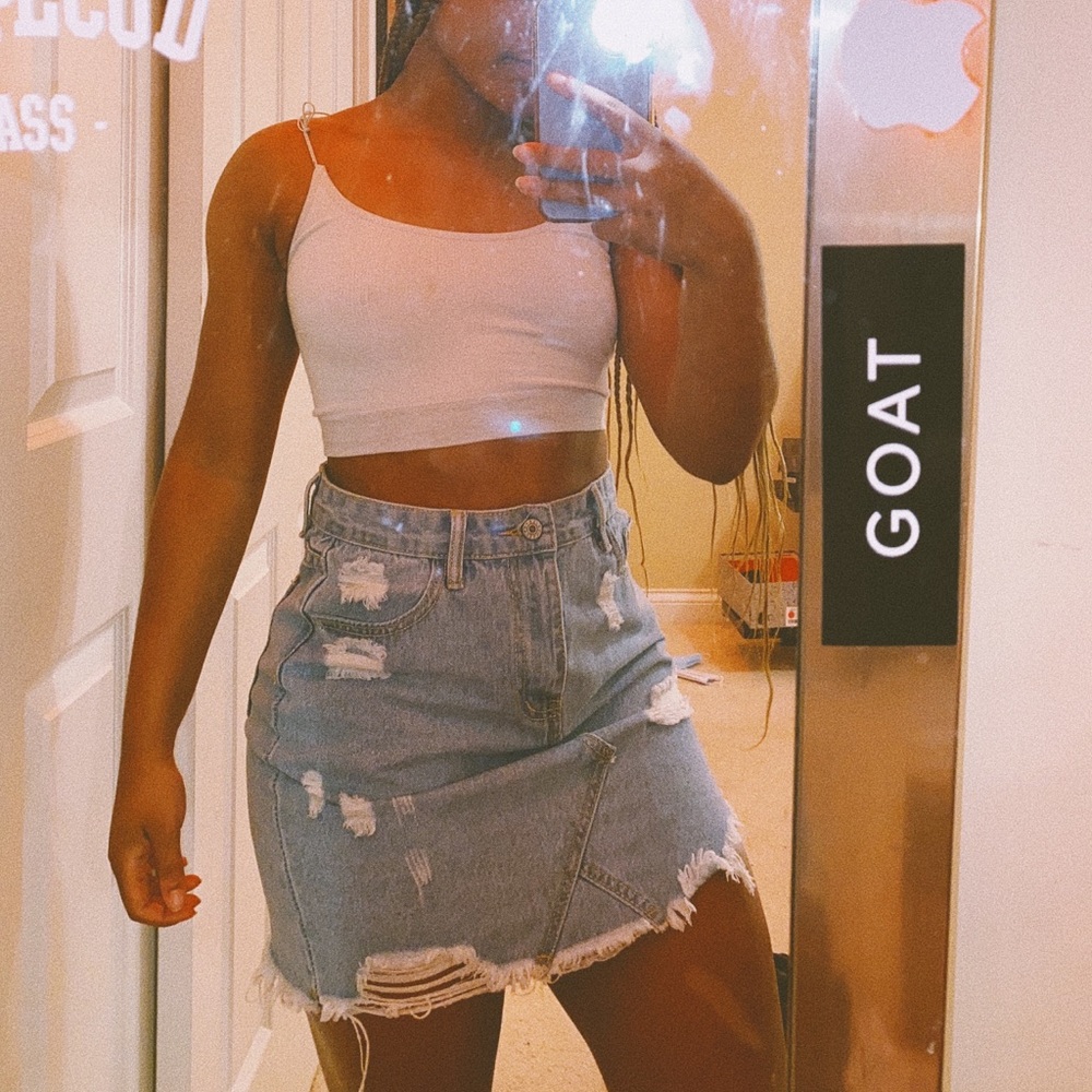 Distressed denim skirt